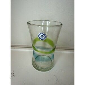 Hand Blown Art Glass Tumbler Vase Green Blue Swirl Vietnam 4.5” Handmade